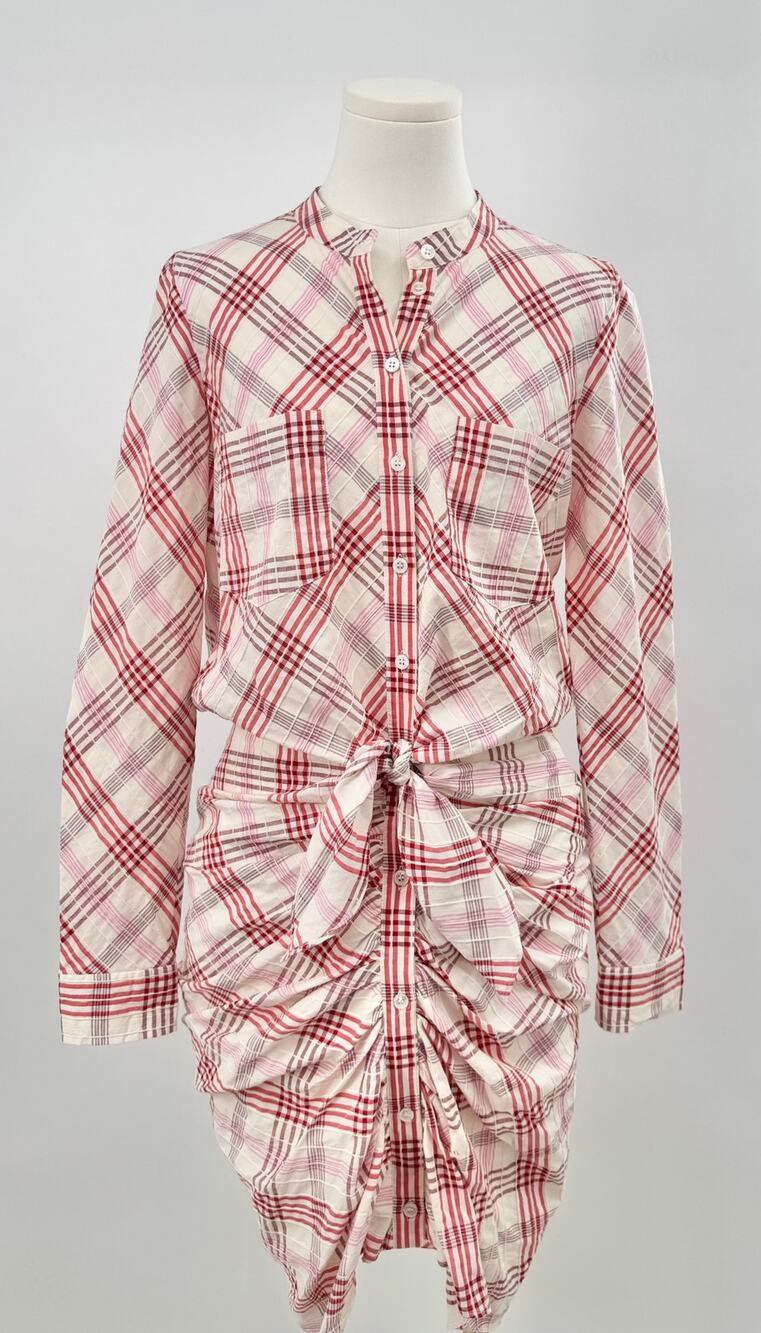 Veronica Beard Della Plaid Tie Front Dress Red & White Shirt Dress Ruched Mini 8